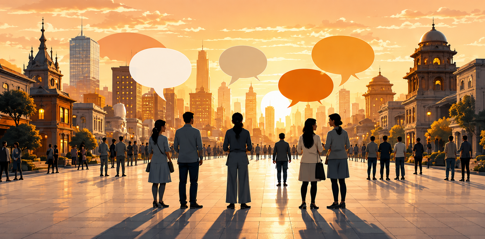 City street with people talking, speech bubbles overhead